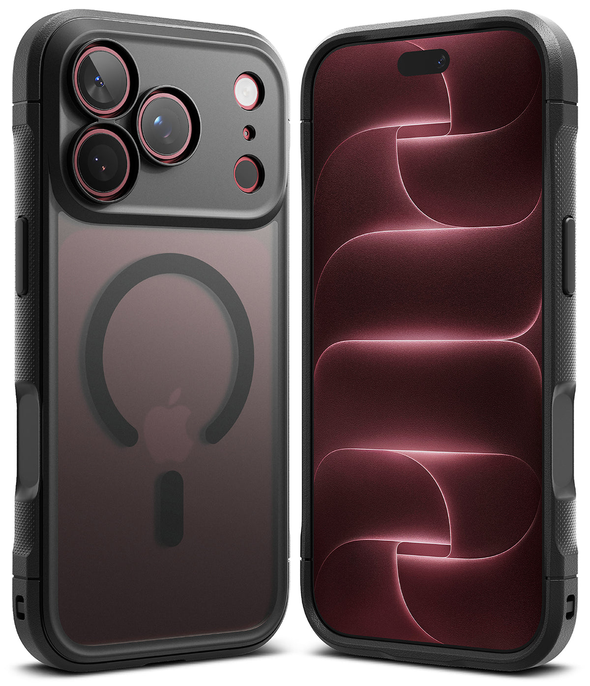 iPhone 18 Pro Case | Fusion Bold Magnetic Matte - Two views of a black protective phone case on an iPhone: the back view showing a MagSafe-compatible circular magnetic ring and camera cutouts, and the front view showing a glossy black screen with blue and white light streak graphics.