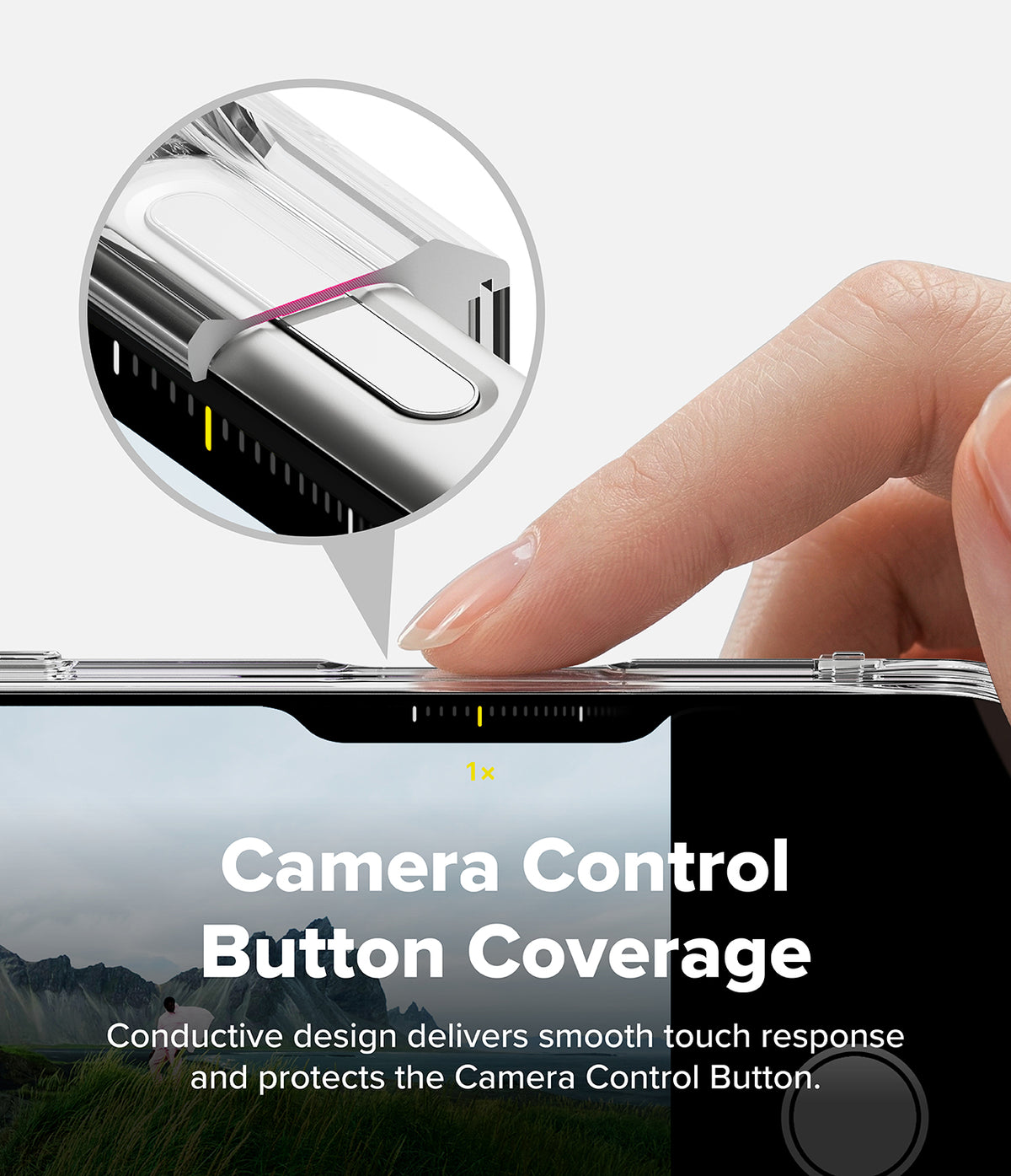 iPhone 18 Pro Case | Fusion Card Magnetic - Phone case with camera control button coverage feature, showing a hand pressing the button.