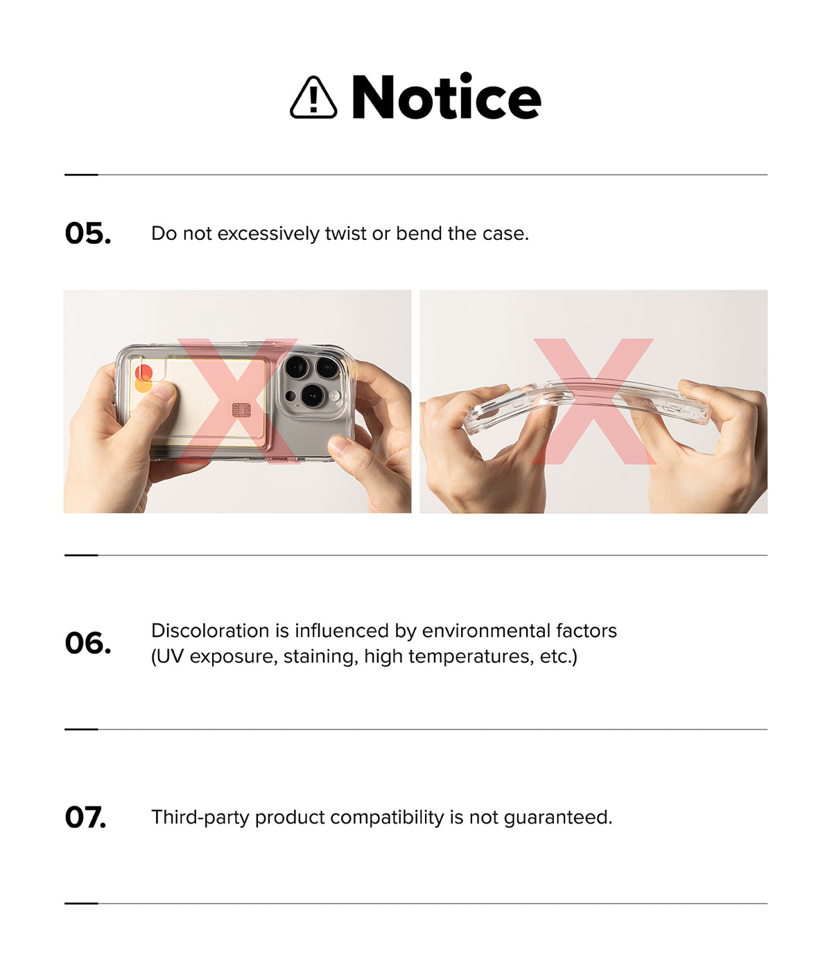 iPhone 18 Pro Case | Fusion Card - A printed notice sheet with text and two small demonstration photos showing a clear phone case. The notice says not to excessively twist or bend the case and mentions that discoloration is influenced by environmental factors, with a warning that third-party product compatibility is not guaranteed.