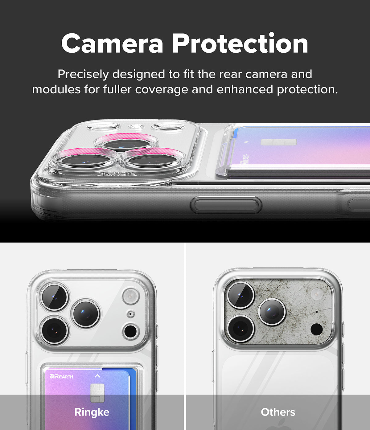 iPhone 18 Pro Case | Fusion Card - Promotional graphic for a clear camera protection case, showing a phone with the case installed on the back. The top section has a dark background with the text 'Camera Protection' and a close-up of the case around the camera module.