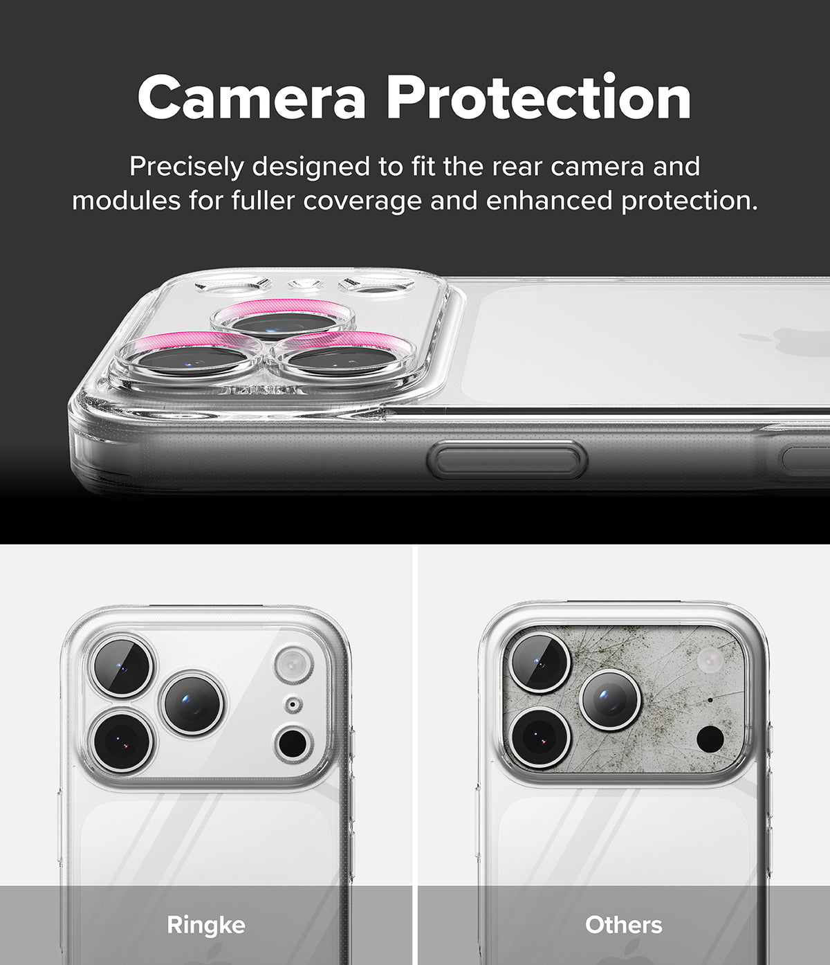 iPhone 18 Pro / Pro Max Case Fusion Clear, Matte Clear all-groups - Promotional graphic for a phone camera protection case. The top section shows a clear camera protector fitted over the rear camera of a white phone, with text reading 'Camera Protection' and a pink highlight indicating fitment.
