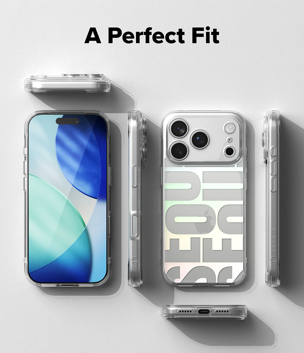 iPhone 18 Pro Case | Fusion Design - A clear phone case shown from multiple angles on a light gray background, with a smartphone inside and the text 'A Perfect Fit' at the top. The case has a transparent body with a large gray and white graphic on the back.