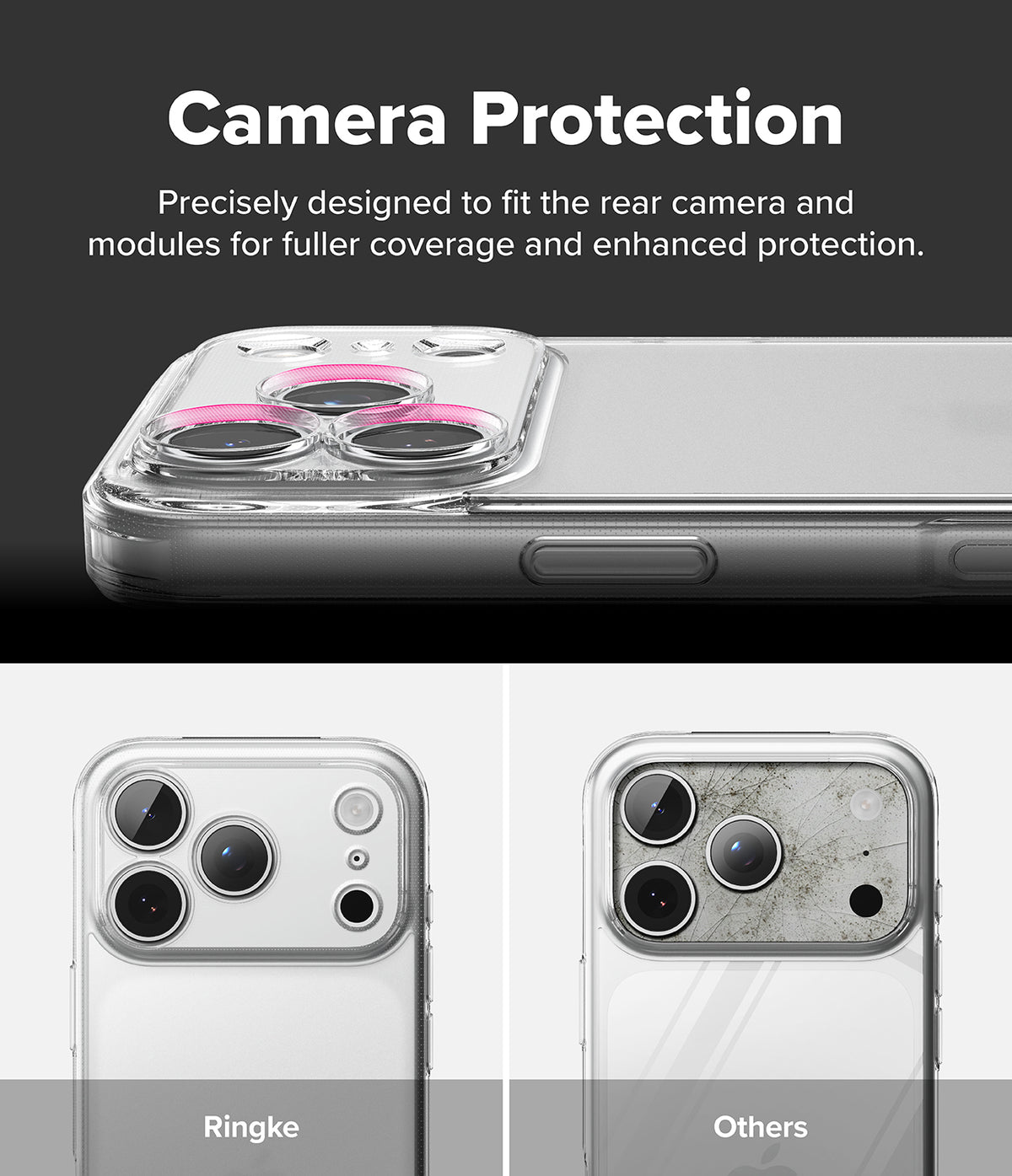 iPhone 18 Pro Case | Fusion Matte - Promotional graphic for a clear camera protection case shown on a smartphone. The top section has a dark background with the text 'Camera Protection' and a close-up of the case around the rear camera, highlighted with a pink ring.