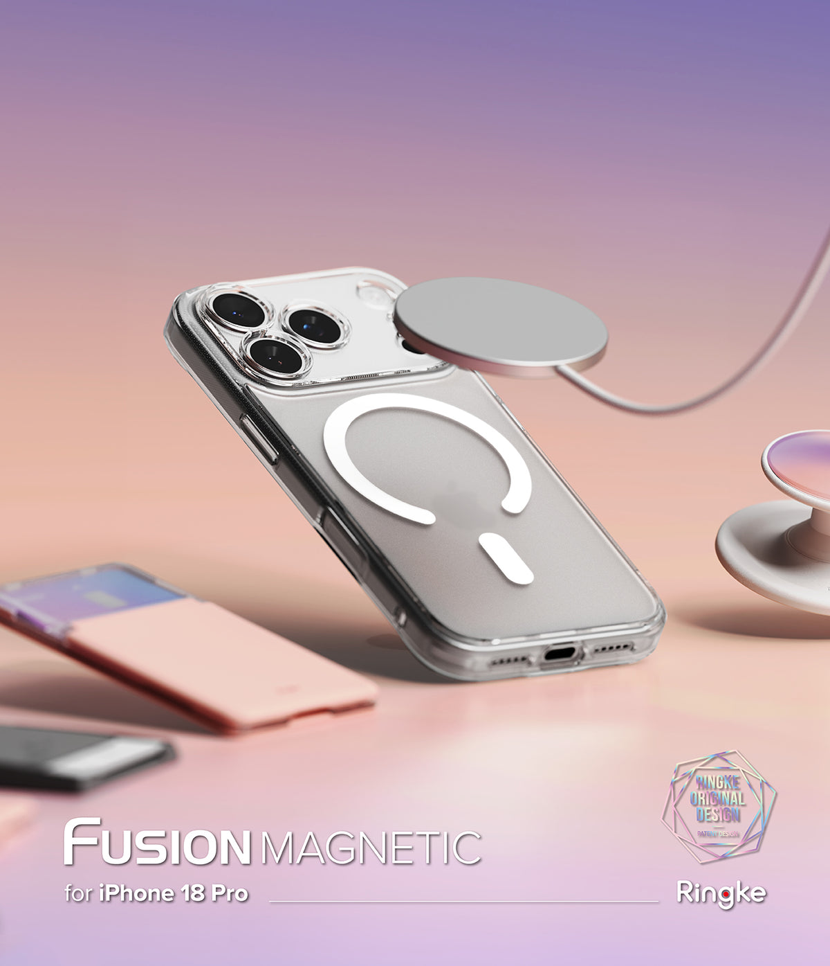 iPhone 18 Pro Case | Fusion Magnetic Matte - A clear magnetic phone case with a white MagSafe-style ring on the back, shown attached to a silver phone. The case is displayed in a stylized studio setup with a pink-to-purple gradient background, alongside a pink folio-style phone case and a white charging stand.