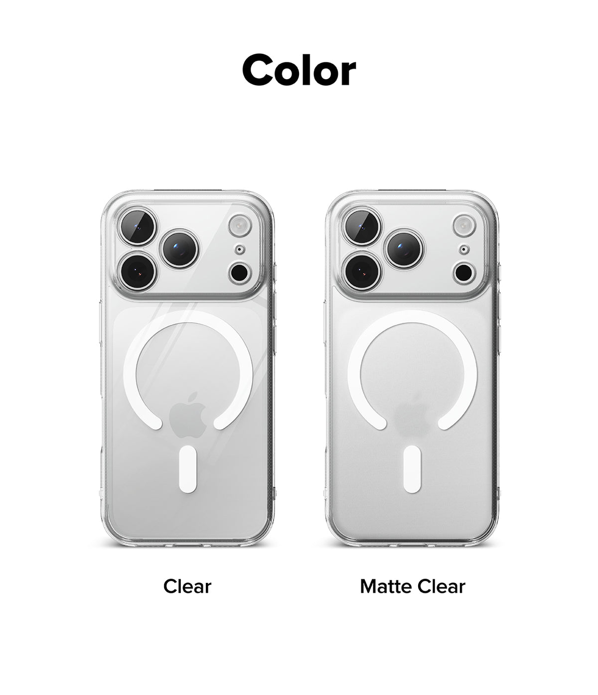 iPhone 18 Pro Case | Fusion Magnetic Matte - Two phone cases, one clear and one matte clear, on a white background with 'Color' text above.