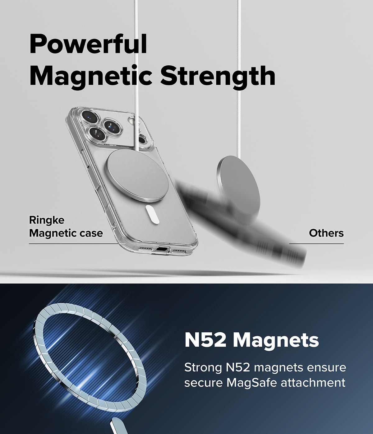 iPhone 18 Pro Case | Fusion Magnetic Matte - Promotional graphic for a transparent magnetic phone case with a circular MagSafe ring. The top half shows the case on a phone with a floating magnetic ring and text reading 'Powerful Magnetic Strength' and 'Ringke Magnetic case.