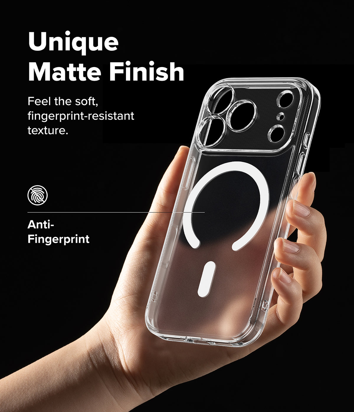 iPhone 18 Pro Case | Fusion Magnetic Matte - A hand holds a clear smartphone case with a matte finish and a white magnetic ring design, shown against a black background with promotional text about the matte texture and anti-fingerprint finish.
