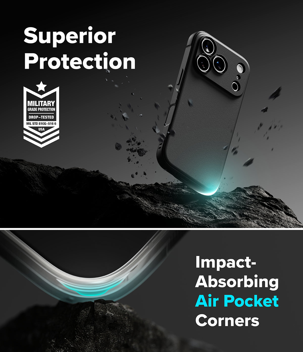 iPhone 18 Pro Case | Onyx - Phone case with 'Superior Protection' and 'Impact-Absorbing Air Pocket Corners' text on a dark background.