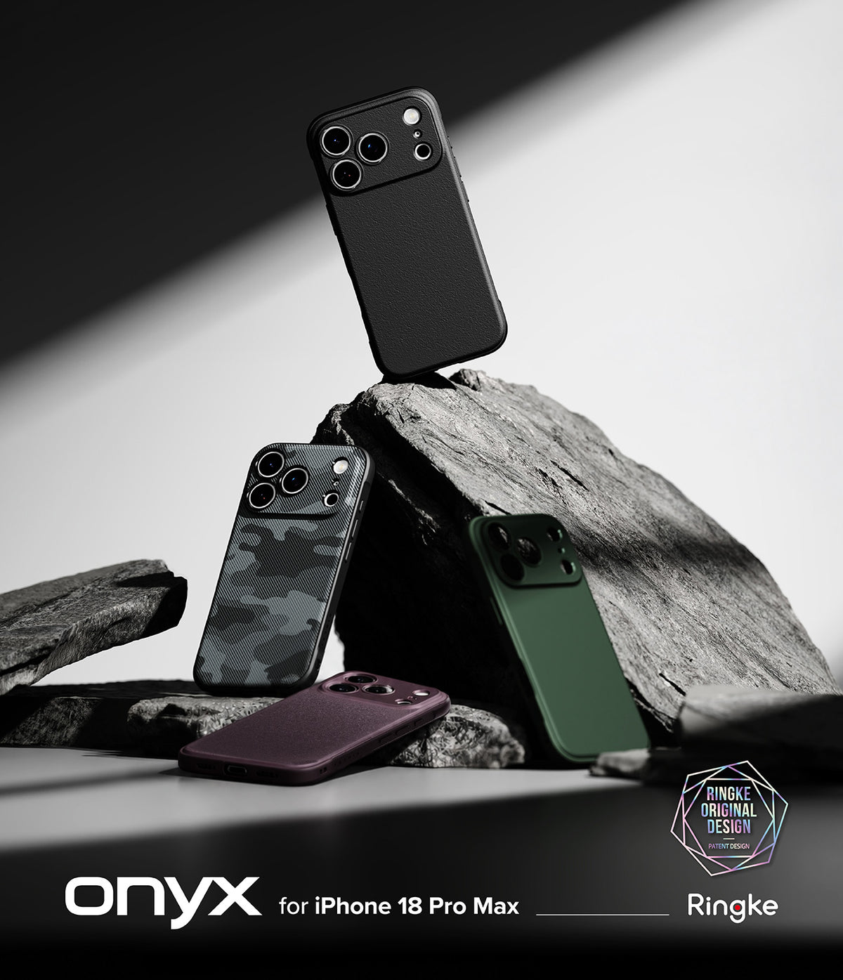 iPhone 18 Pro Case | Onyx - Three phone cases displayed on dark rocks: a black case standing upright, a dark gray camouflage case leaning, and a matte green case lying flat. The image includes the text 'onyx for iPhone 18 Pro' and a 'Ringke Original Design' logo.