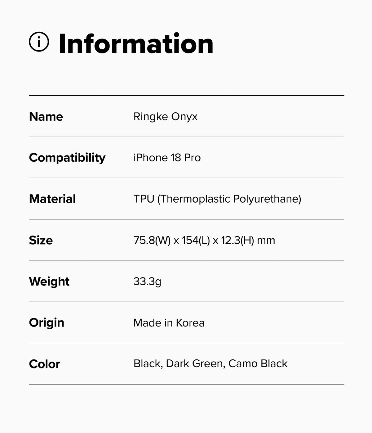 iPhone 18 Pro Case | Onyx - Product information card for Ringke Onyx case with compatibility details.
