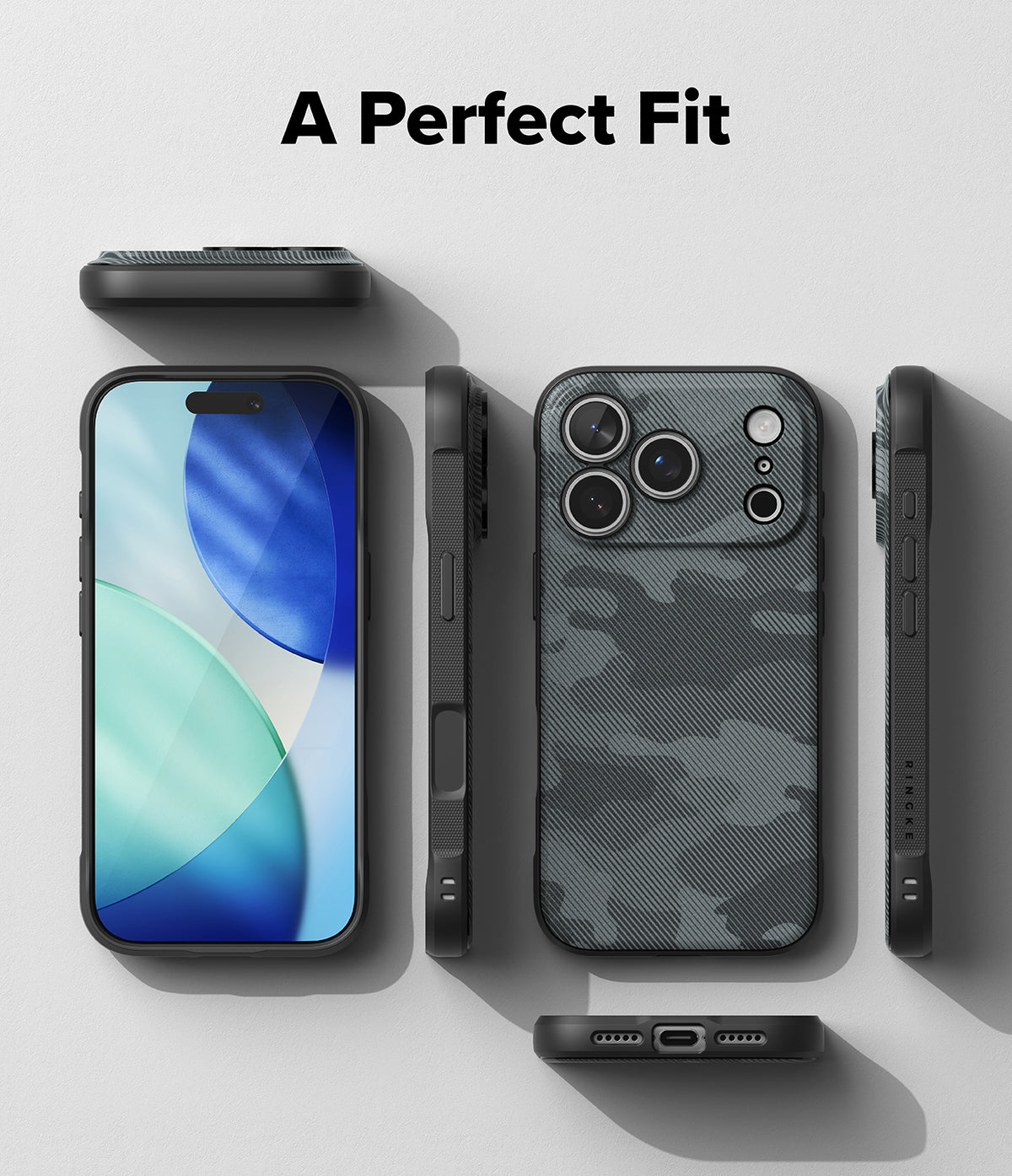 iPhone 18 Pro Case | Onyx Magnetic - A phone case set shown from multiple angles on a light gray background, with the text 'A Perfect Fit' at the top. The case has a dark gray and black camouflage pattern on the back and is displayed alongside a smartphone to demonstrate fit.