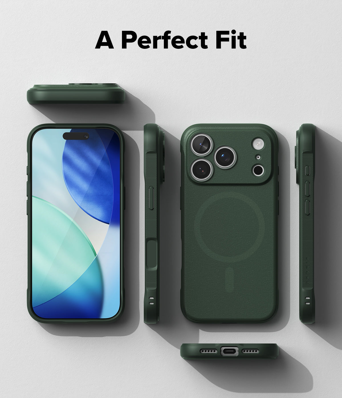 iPhone 18 Pro Case | Onyx Magnetic - A black protective phone case shown from multiple angles on a light gray background, with the text 'A Perfect Fit' at the top. The phone inside the case displays a blue and green abstract screen wallpaper.
