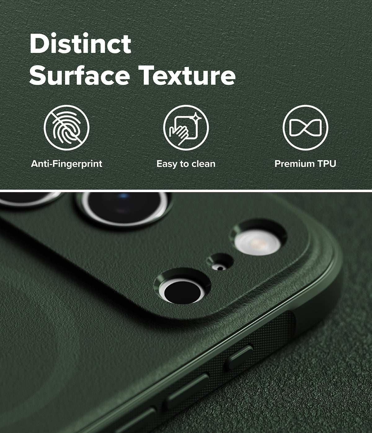 iPhone 18 Pro Case | Onyx Magnetic - Dark green textured phone case with camera cutouts, shown with marketing text reading 'Distinct Surface Texture' and icons for anti-fingerprint, easy to clean, and premium TPU.