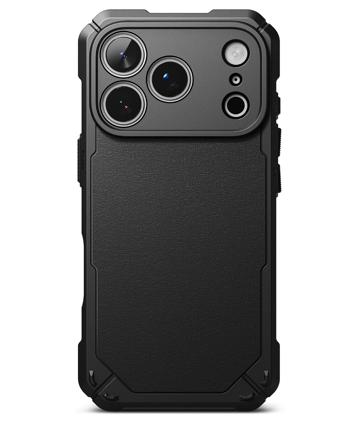 iPhone 18 Pro Case | Rugged Gear - A black rugged protective phone case with a textured back panel and reinforced camera cutout, shown on a clean white background.