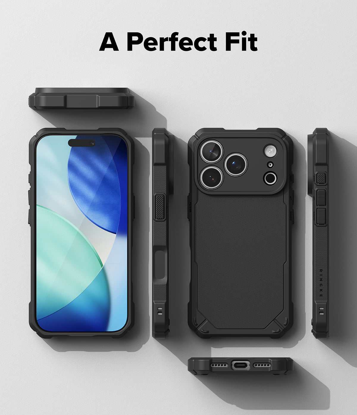iPhone 18 Pro Case | Rugged Gear - A black rugged phone case shown from multiple angles on a light gray background, with the text 'A Perfect Fit' at the top. The views include the front with a smartphone inserted, the back, side profiles, and a bottom view showing the charging port opening.