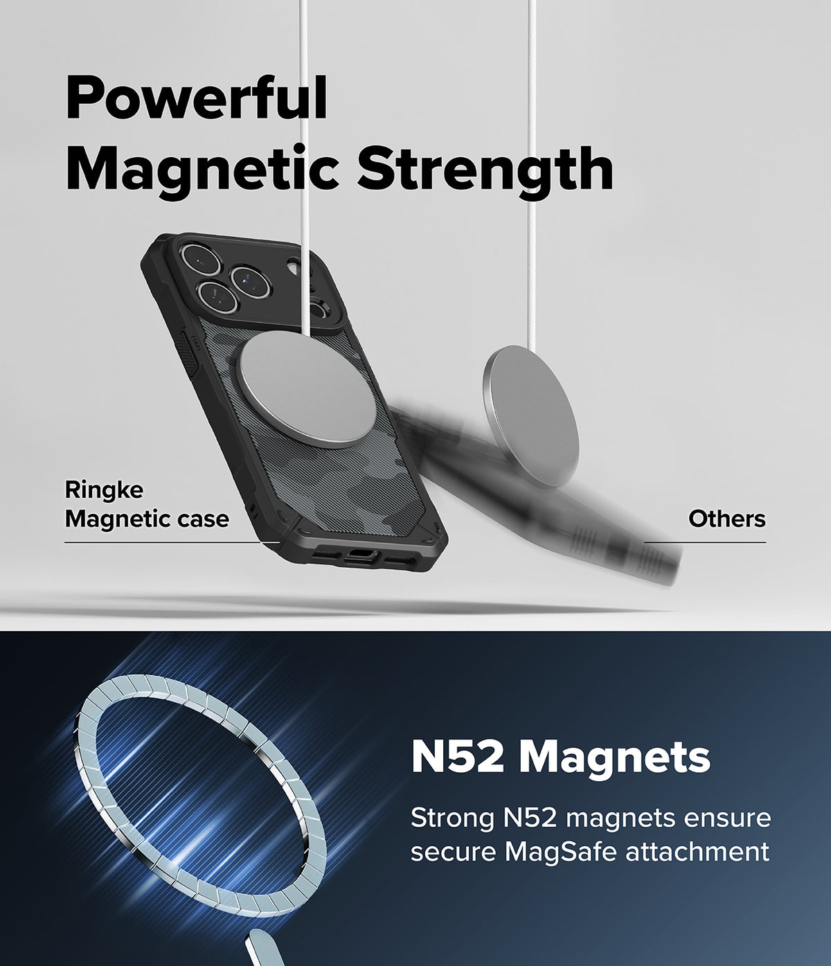 iPhone 18 Pro Case | Rugged Gear Magnetic - Promotional graphic for a magnetic phone case showing a black camouflage Ringke case with a large circular MagSafe ring, alongside a blurred generic case and text reading 'Powerful Magnetic Strength' and 'N52 Magnets'.