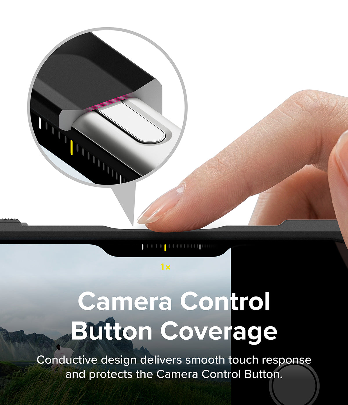 iPhone 18 Pro Case | Rugged Gear Magnetic - Close-up of a finger touching the top edge of a smartphone case, with a circular inset showing camera button coverage and text reading 'Camera Control Button Coverage' on a white background.