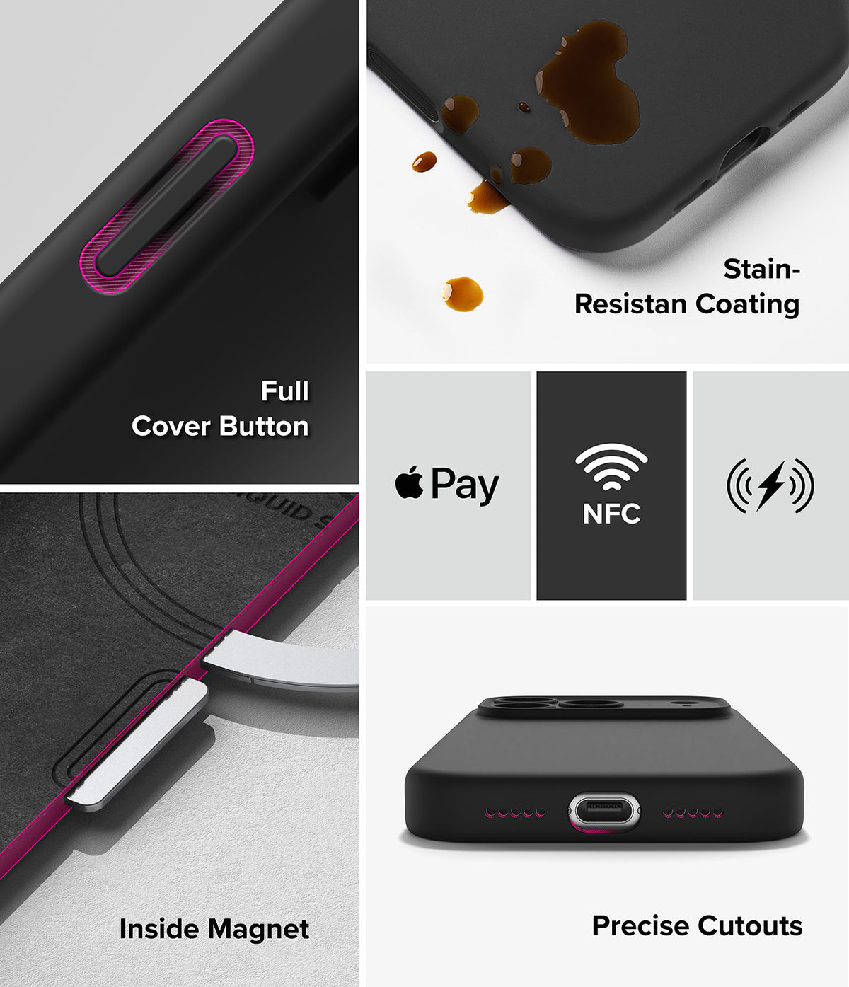 iPhone 18 Pro Case | Silicone Magnetic - A 5-panel product feature collage for a black phone case. The panels show close-ups of the case with text callouts: Full Cover Button, Stain-Resistant Coating with liquid droplets, Inside Magnet, Precise Cutouts, and compatibility icons for Apple Pay, NFC, and wireless charging.