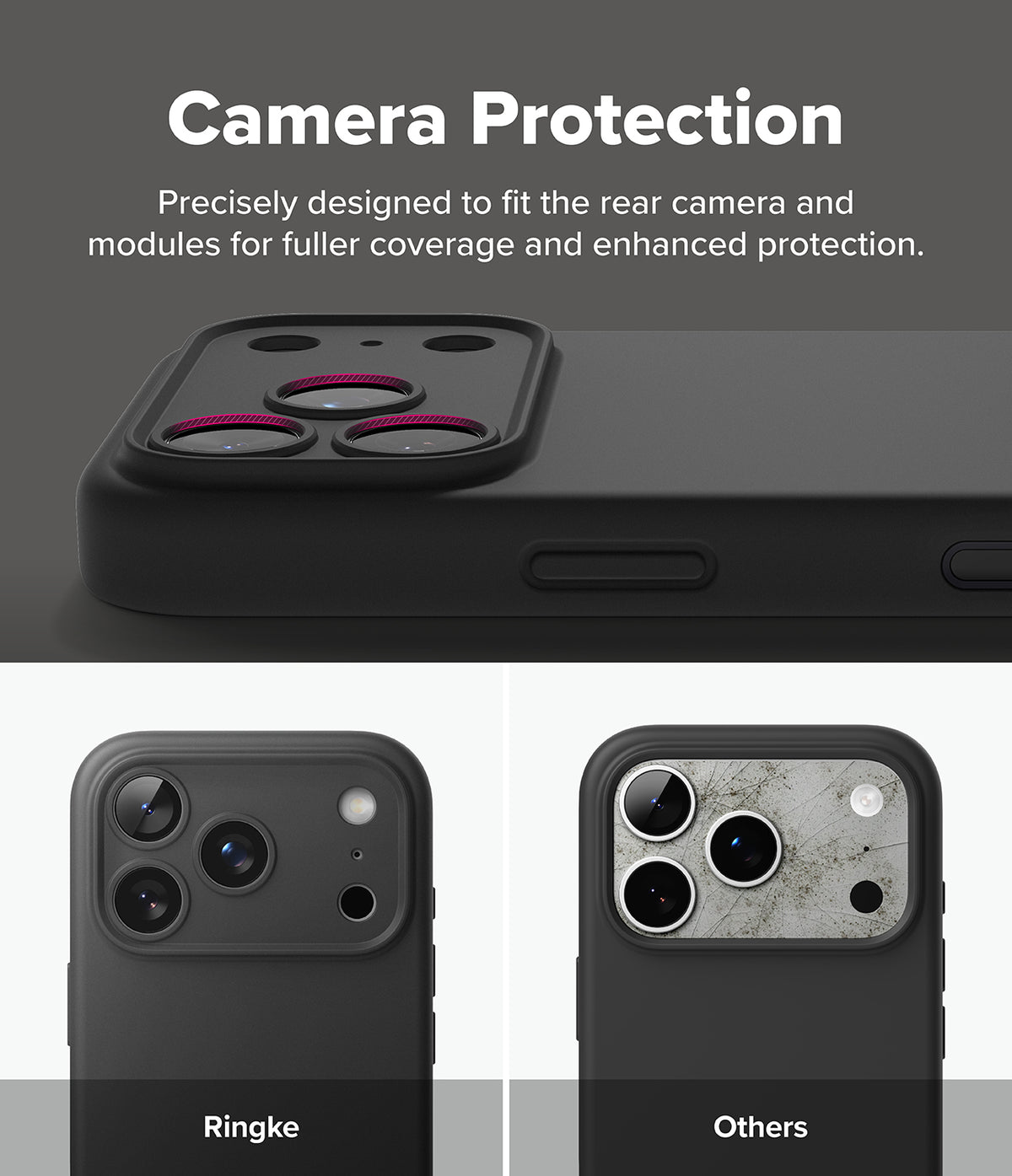 iPhone 18 Pro Case | Silicone Magnetic - Black camera protection case shown on a smartphone back, with text reading 'Camera Protection' and two smaller examples below labeled Ringke and Others.