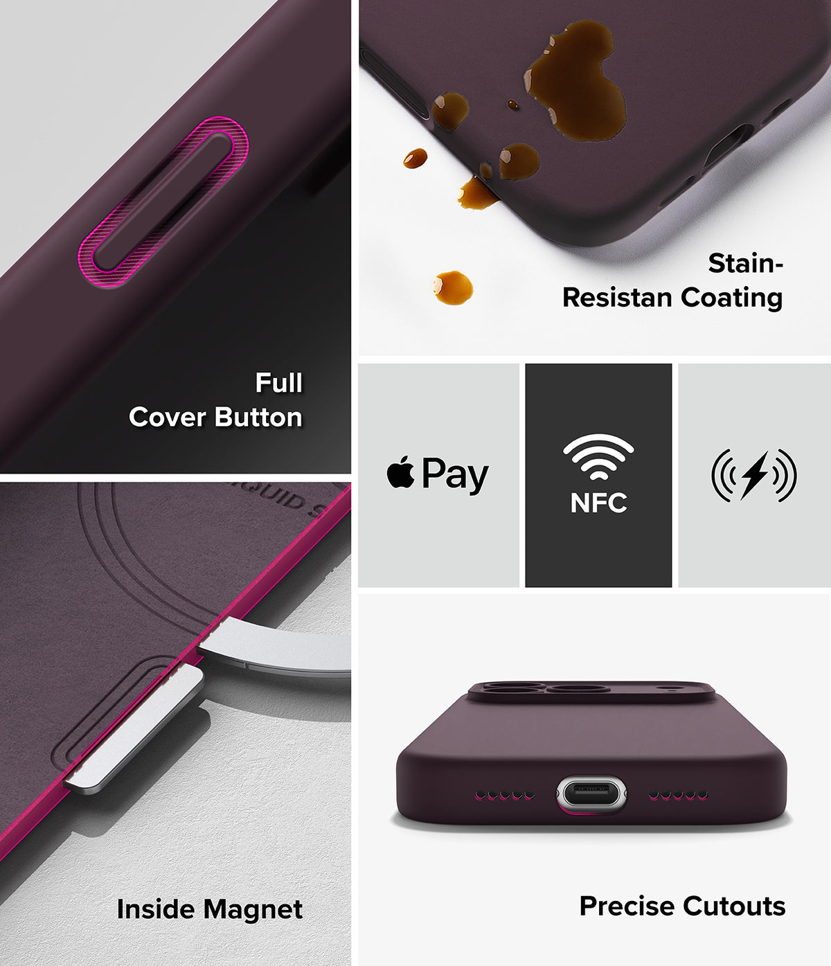 iPhone 18 Pro Case | Silicone Magnetic - A dark purple phone case collage showing product features: a full cover button with a pink accent, stain-resistant coating with liquid droplets, inside magnet detail, and precise cutouts for wireless charging and Apple Pay.