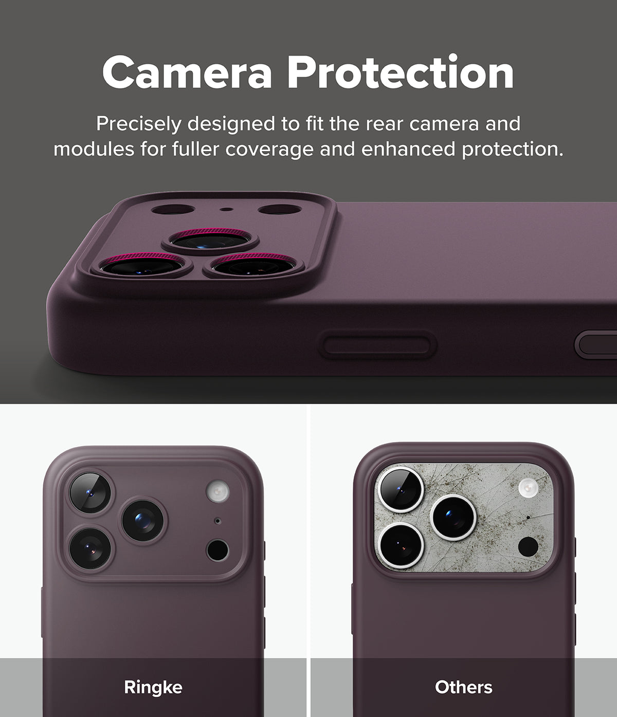 iPhone 18 Pro Case | Silicone Magnetic - A dark purple phone camera protection case shown on a phone, with text reading 'Camera Protection' and two smaller examples below labeled Ringke and Others.