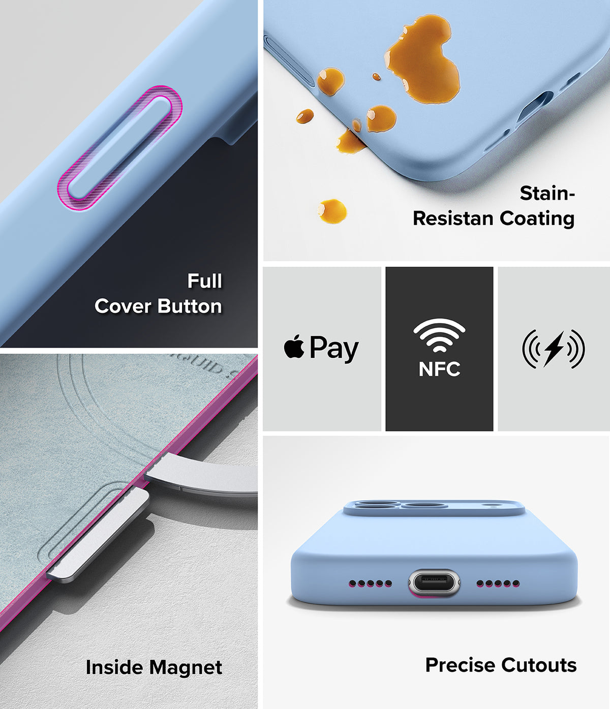 iPhone 18 Pro Case | Silicone Magnetic - A light blue phone case shown in a multi-panel feature graphic with text callouts: Full Cover Button, Stain-Resistant Coating, Inside Magnet, Precise Cutouts, and compatibility icons for Apple Pay and NFC. The collage highlights product features rather than showing the phone alone.