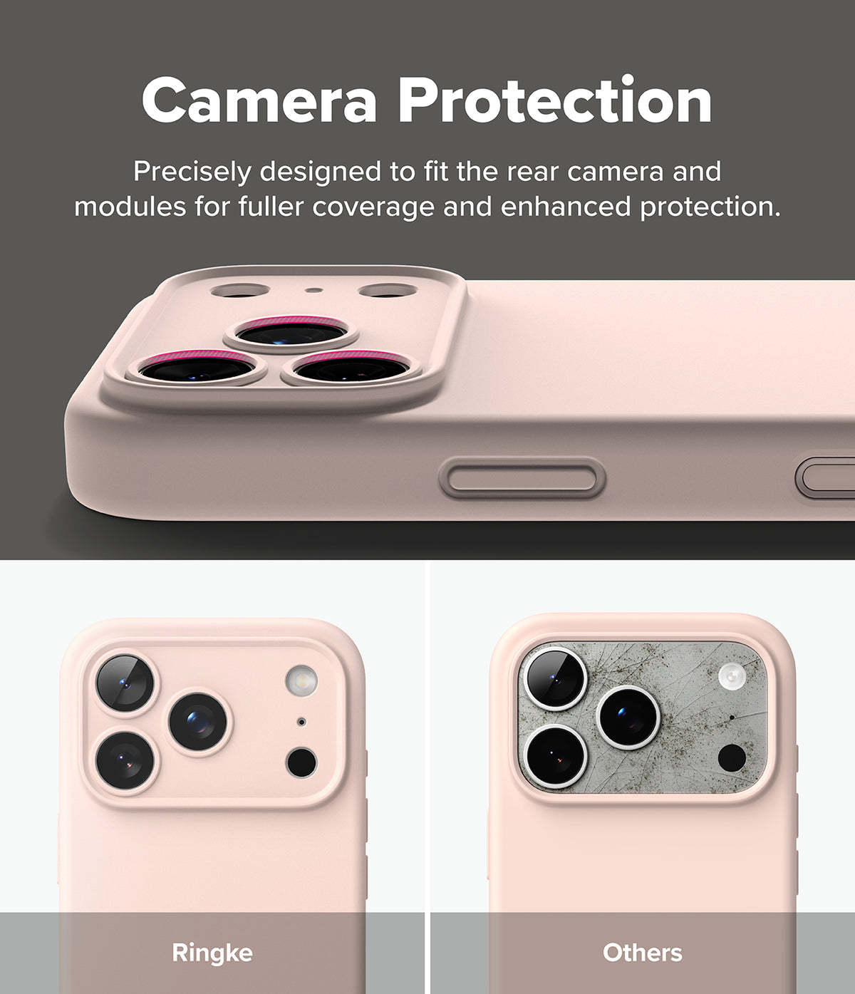 iPhone 18 Pro Case | Silicone Magnetic - A promotional graphic for a phone camera protection case. The top section shows a pale pink phone case with a raised camera module insert and marketing text reading 'Camera Protection.