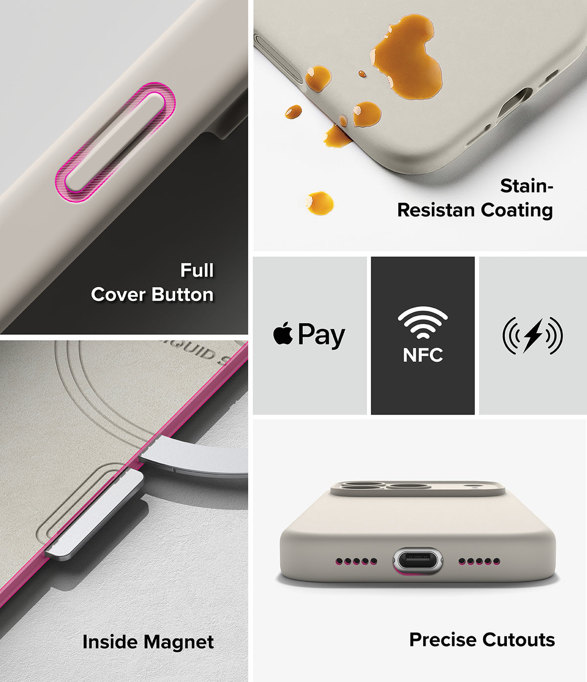 iPhone 18 Pro Case | Silicone Magnetic - A multi-panel product feature graphic for a phone case. The left column shows close-ups of the case: a full cover button with a pink accent, an inside magnet feature, and a back view with a metallic ring.