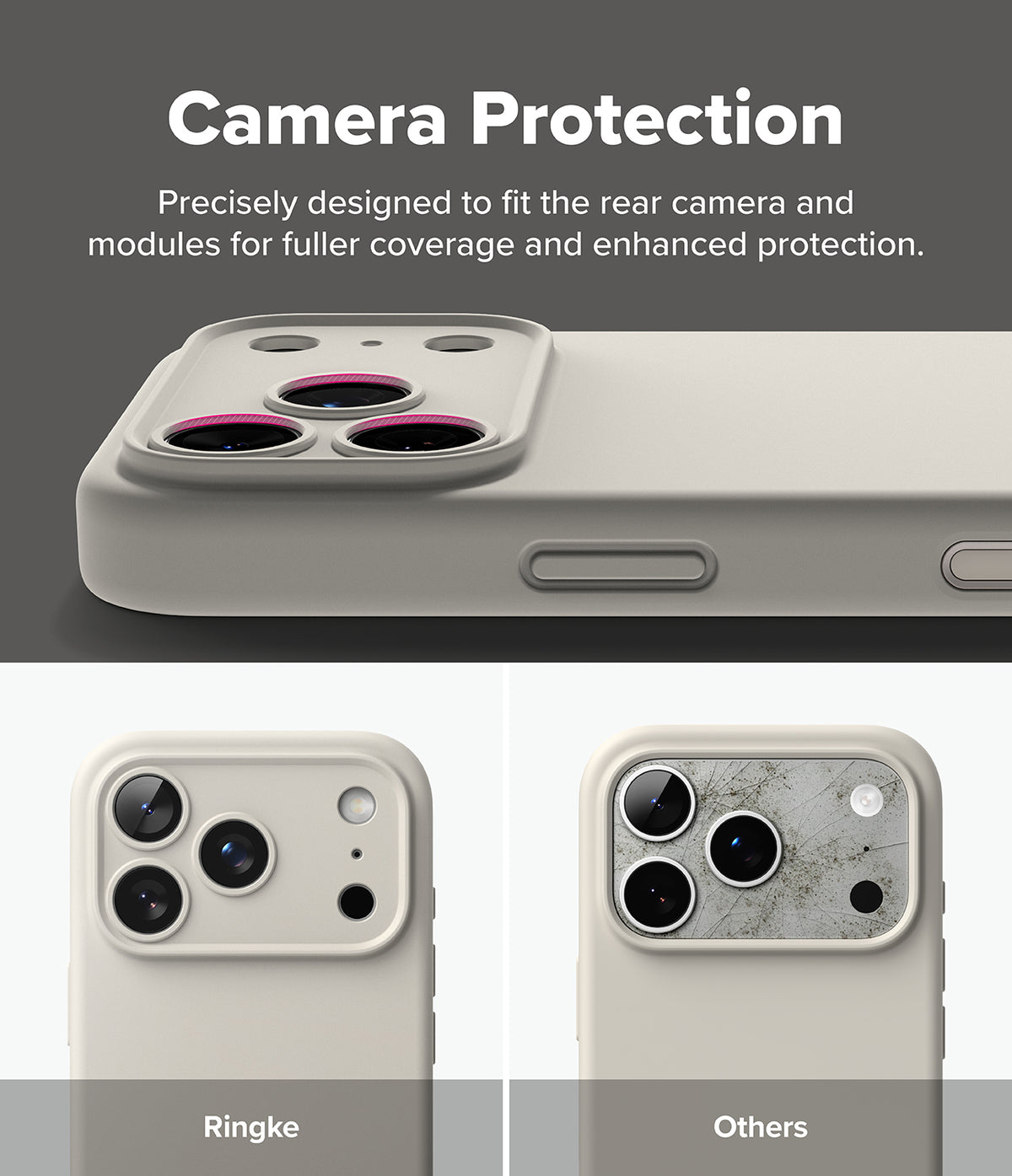 iPhone 18 Pro Case | Silicone Magnetic - A promotional graphic for a phone camera protection case. The top section shows a close-up of a beige phone case with a raised camera bumper and text reading 'Camera Protection.