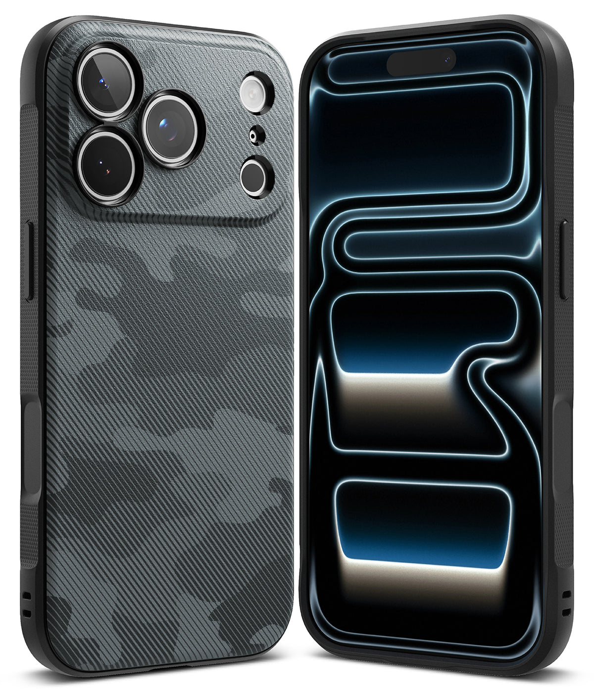 iPhone 18 Pro Case | Onyx - Two views of a black phone case with a dark gray carbon-fiber-style pattern on the back, shown on a white background. The left view shows the case installed on a phone with a triple-camera cutout, and the right view shows the back of the case with a glossy black finish and a blue-and-white abstract graphic overlay.