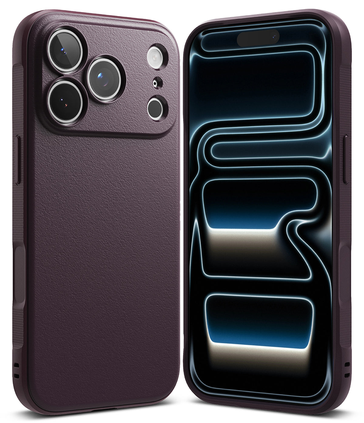 iPhone 18 Pro | Onyx - Two views of a dark plum purple phone case on a white background, showing the textured back cover and the front bumper with a digital display.