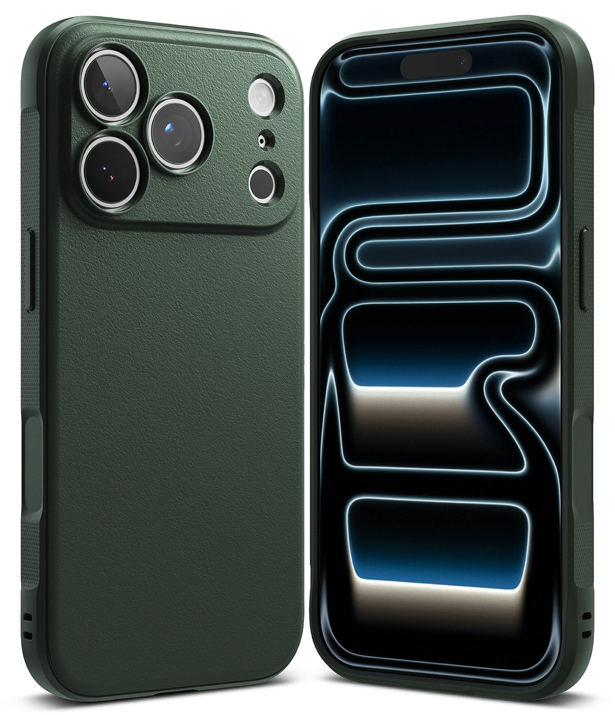 iPhone 18 Pro Case | Onyx - A dark forest green protective phone case shown from both the back and front angles against a clean white background.