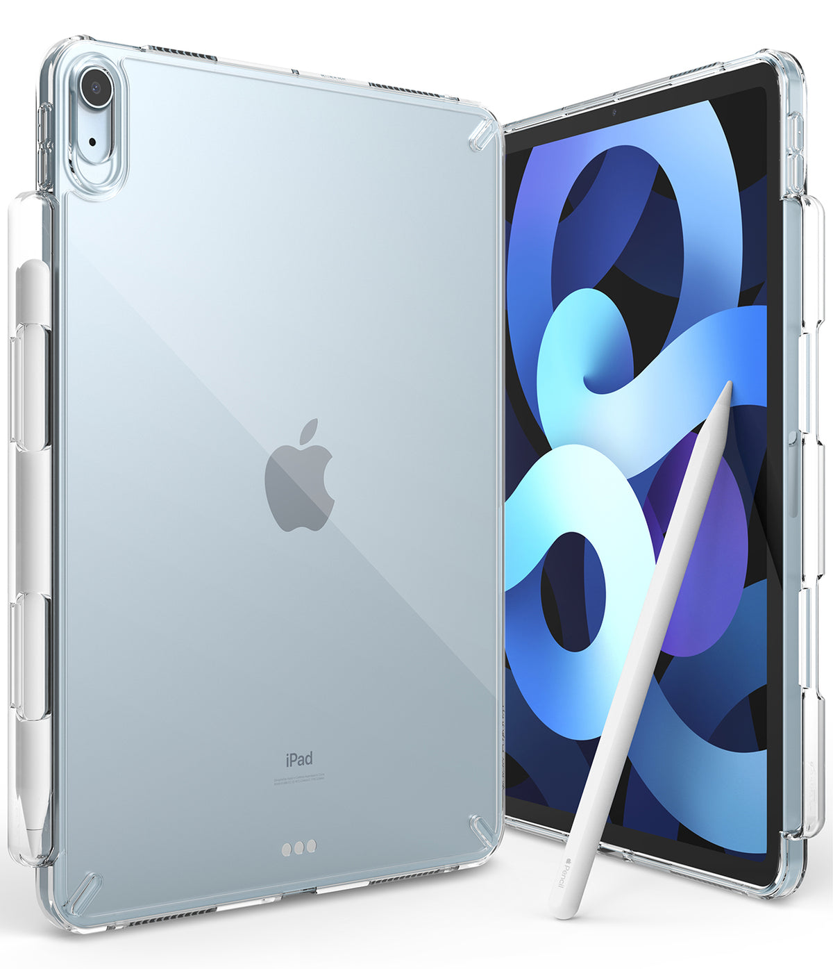 Fusion | iPad - Light blue iPad in a clear protective case with a stylus stored on the side and a second stylus in front.