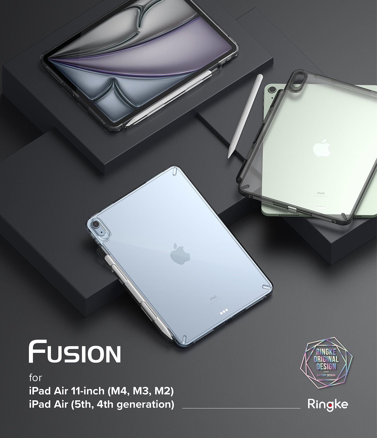 Fusion | iPad - Clear protective cases on light blue and green iPads with a stylus on a dark geometric background.