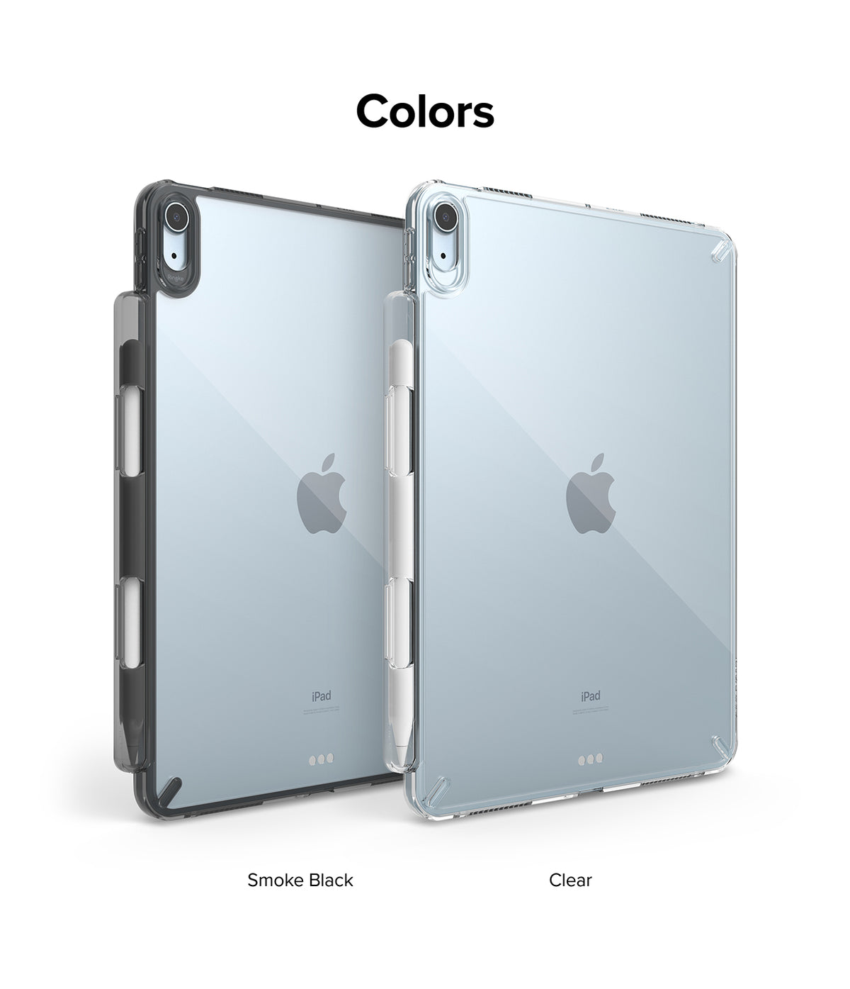 Fusion | iPad - Two iPads in Smoke Black and Clear protective cases with integrated stylus holders side-by-side.
