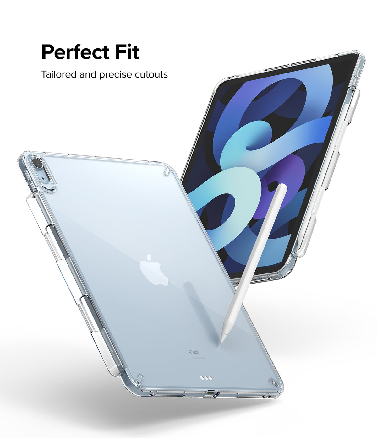 Fusion | iPad - Clear protective case on an iPad with a stylus, highlighting precise cutouts and a perfect fit.