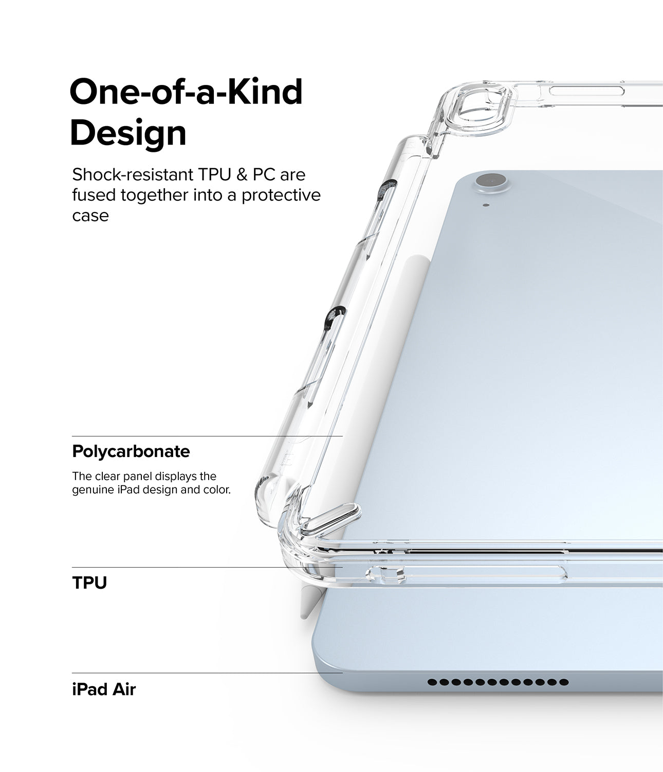 Fusion | iPad - Close-up of a clear protective case on a light blue iPad, highlighting TPU and polycarbonate materials.