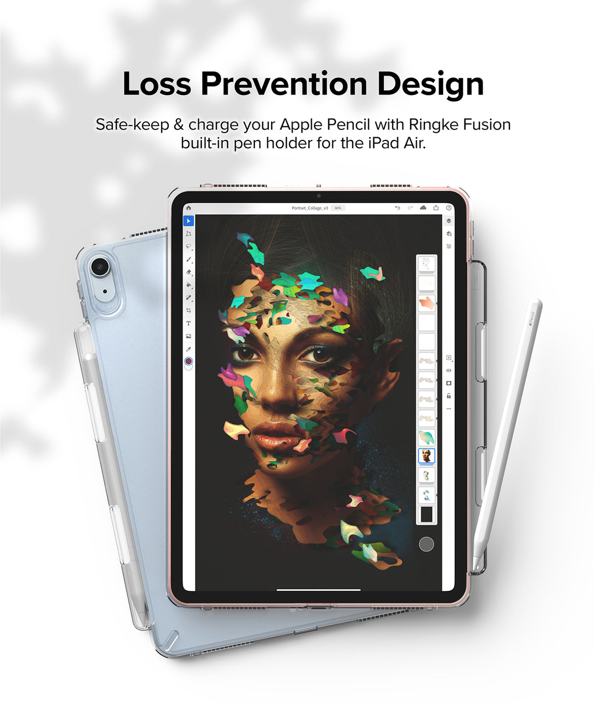 Fusion | iPad - iPad Air in a clear Ringke Fusion case with a built-in holder for an Apple Pencil.