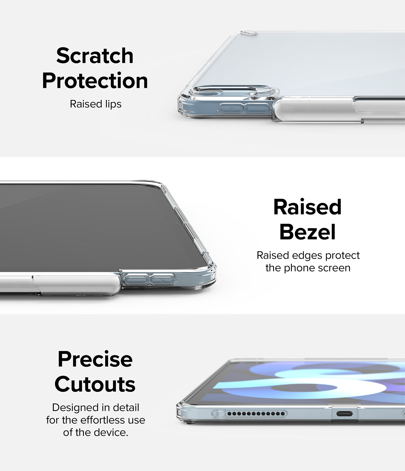 Fusion | iPad - Close-up views of a clear iPad case highlighting raised lips, protective screen bezels, and precise port cutouts.