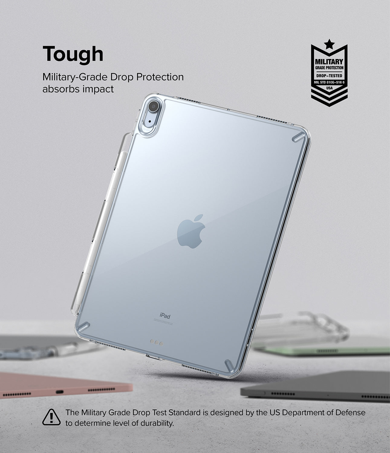 Fusion | iPad - Clear protective case on an iPad with military-grade drop protection certification and stylus storage.