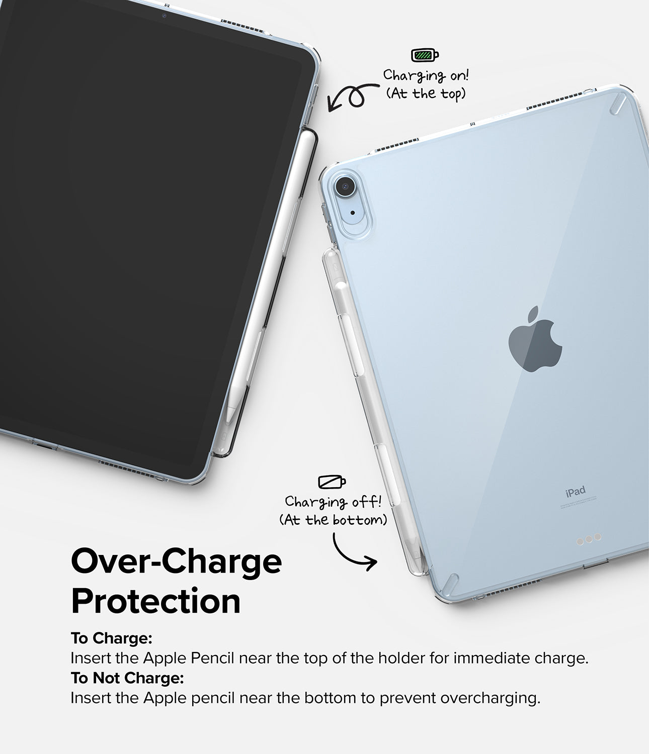 Fusion | iPad - Clear iPad case showing Apple Pencil charging at the top and non-charging storage at the bottom.