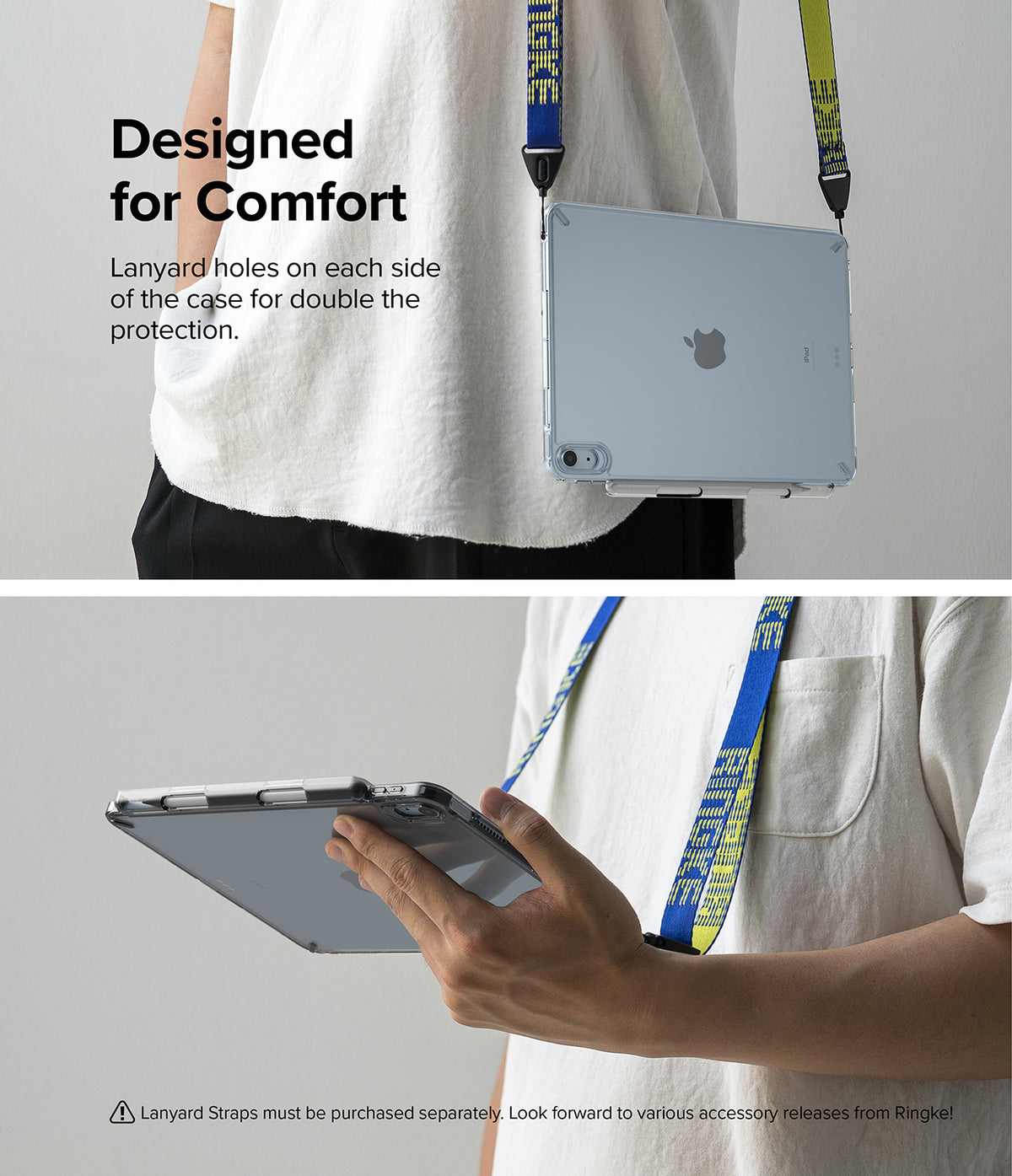 Fusion | iPad - A person wearing a clear iPad case with a blue and yellow lanyard strap attached to side anchor points.