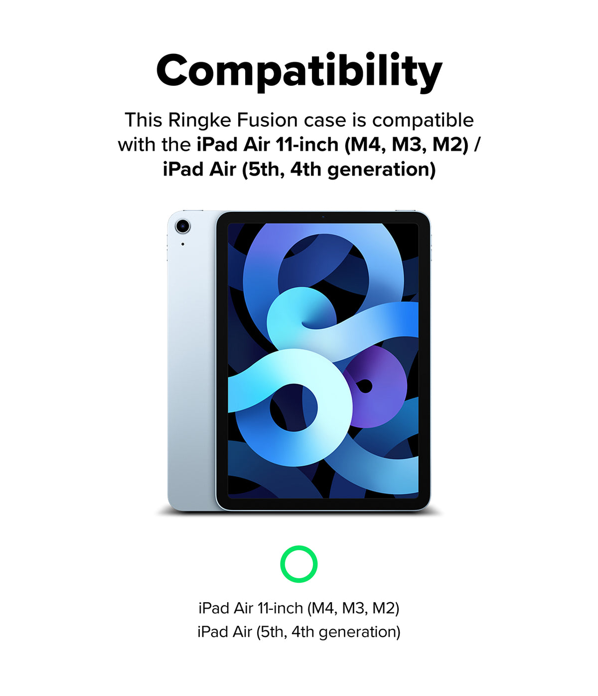 Fusion | iPad - Compatibility chart for Ringke Fusion case showing an iPad Air with blue abstract wallpaper and model list.