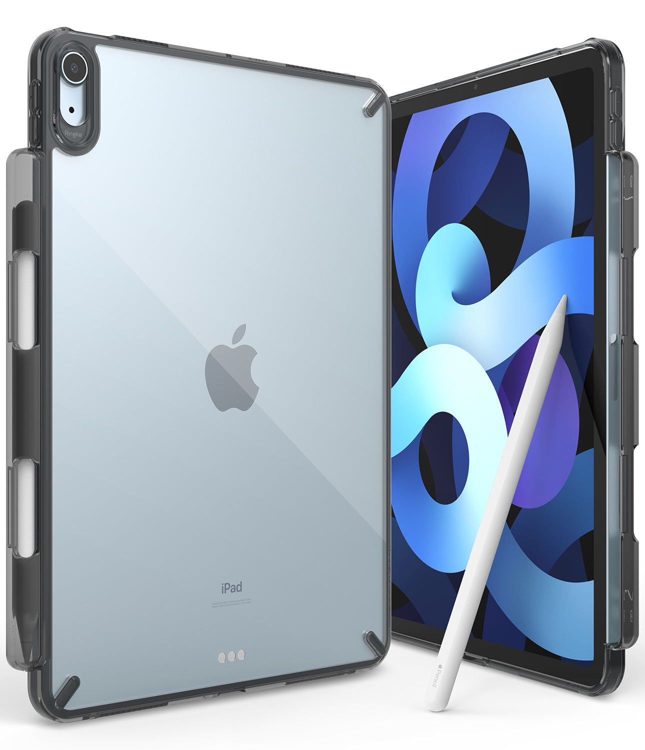 Fusion | iPad - Clear protective case on a light blue iPad with a stylus pen resting against the screen.