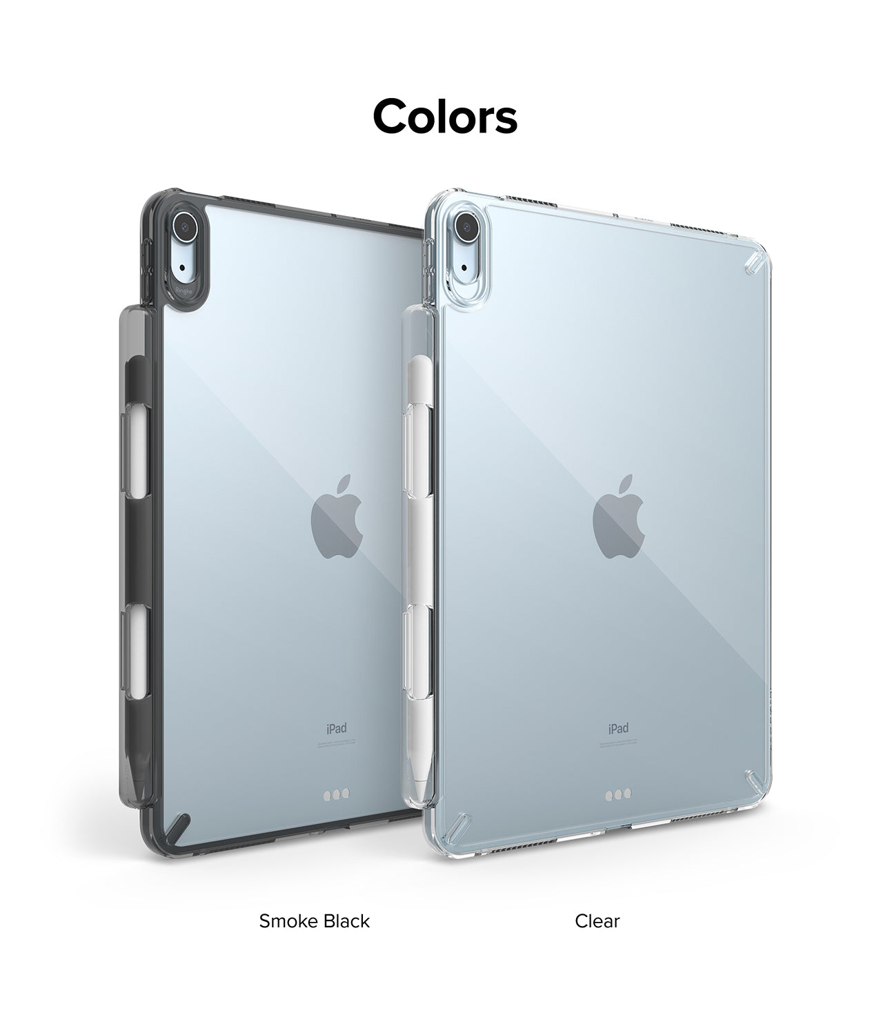 Fusion | iPad - Two iPads in Smoke Black and Clear protective cases with integrated stylus holders on a white background.