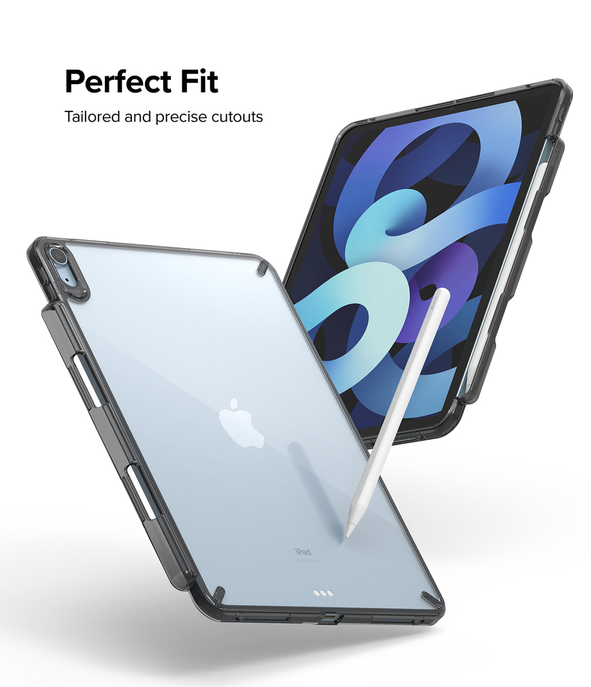 Fusion | iPad - iPad in a clear protective case with precise cutouts and a stylus, shown from front and back angles.