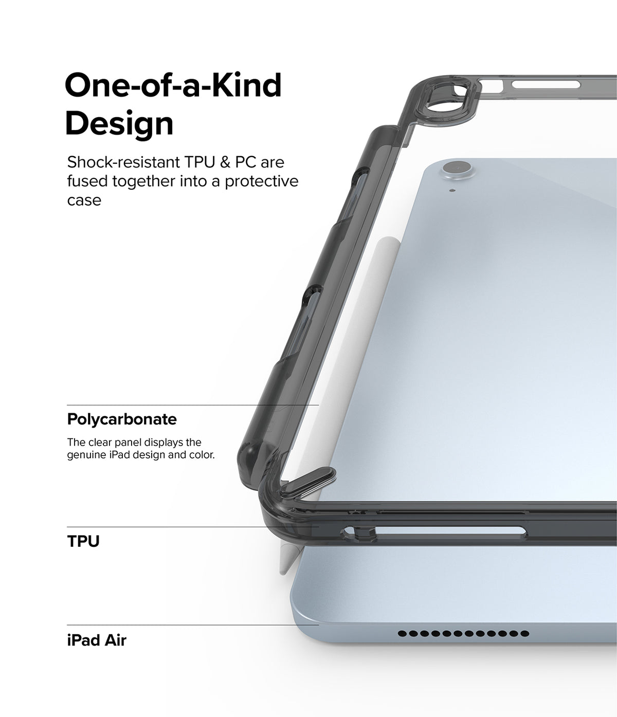 Fusion | iPad - Close-up of a clear protective case on an iPad Air, highlighting TPU and polycarbonate construction.