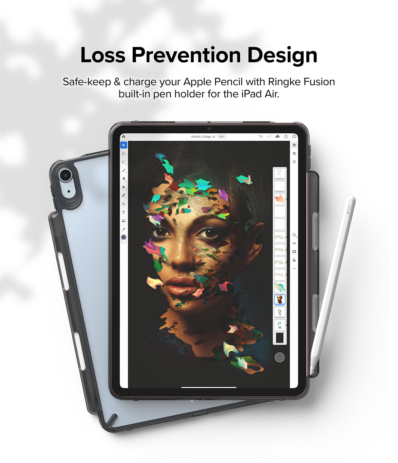 Fusion | iPad - iPad Air in a clear Ringke Fusion case with a built-in Apple Pencil holder and a digital art display.