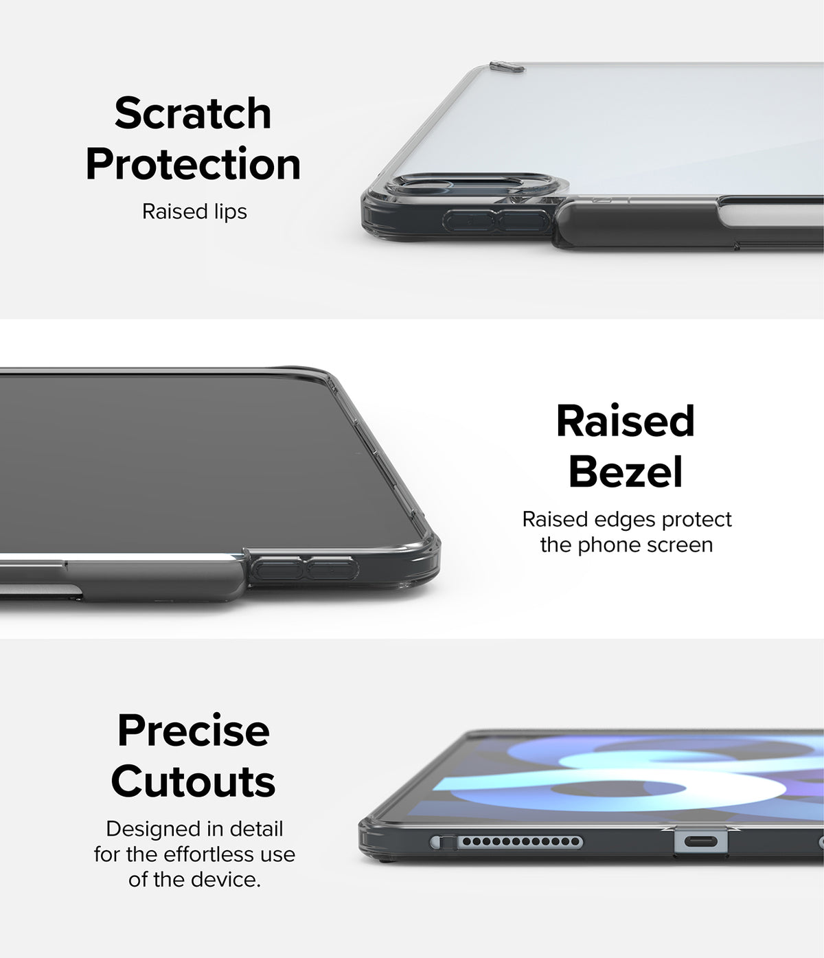 Fusion | iPad - Three close-up views of a clear iPad case highlighting raised lips, screen bezels, and precise port cutouts.