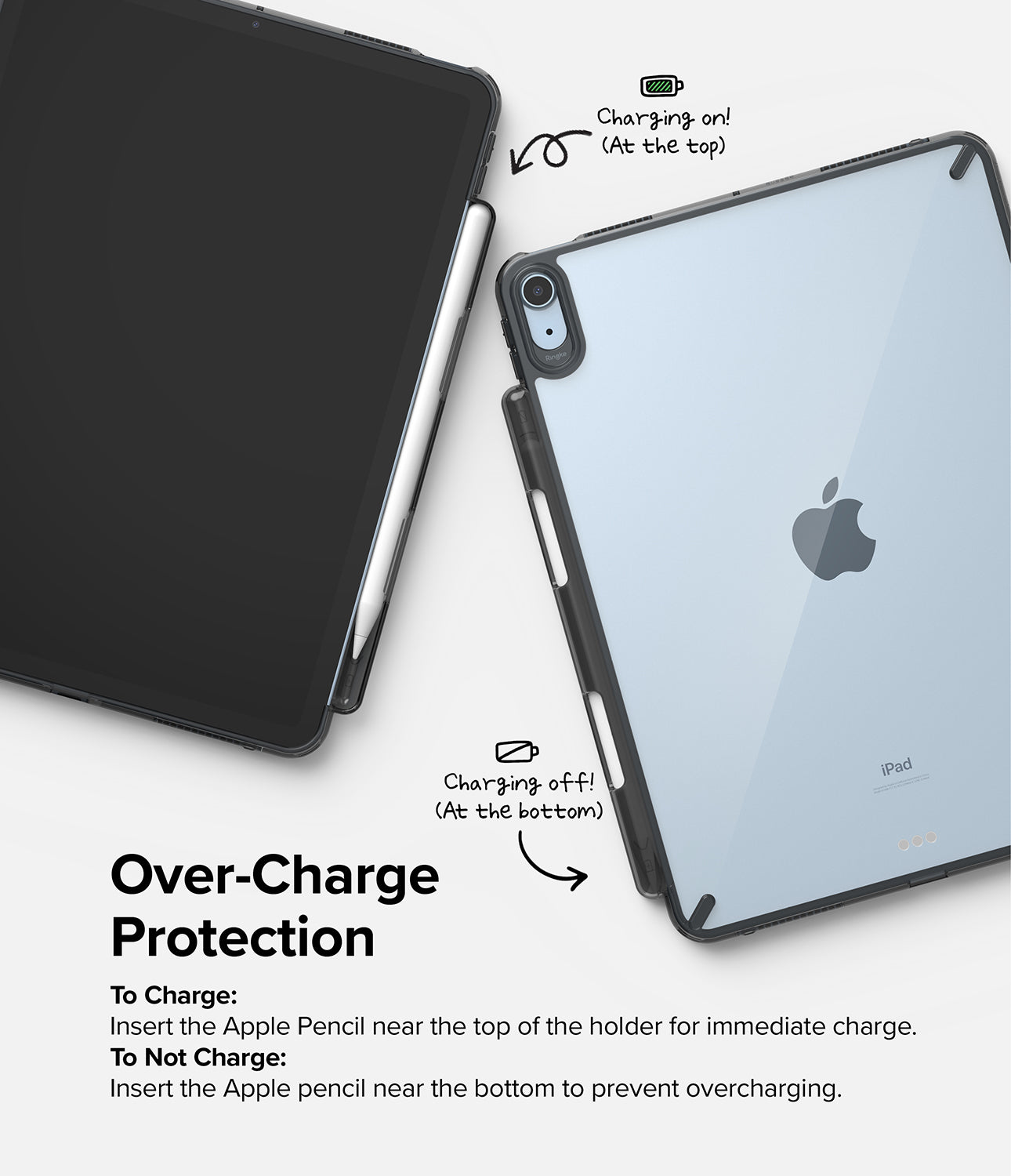 Fusion | iPad - iPad case showing Apple Pencil charging at the top and non-charging storage at the bottom.